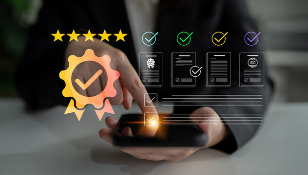 A business professional interacts with a smartphone, reviewing ratings and quality assurance certifications, emphasizing success and effectiveness in modern communication. Cyphers