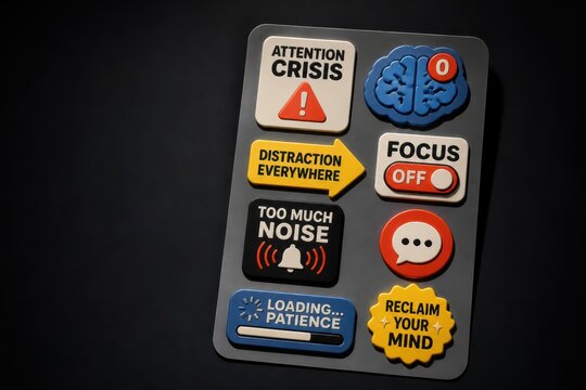 Attention crisis concept with focus and distraction buttons in gray 3D panel