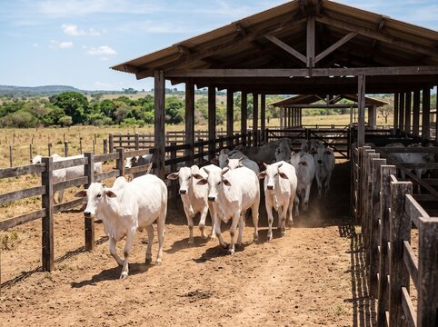White Nelore cattle entering a covered corral under bright midday sun in rural Brazil, authentic livestock farming scene, premium 8K agricultural photography.
