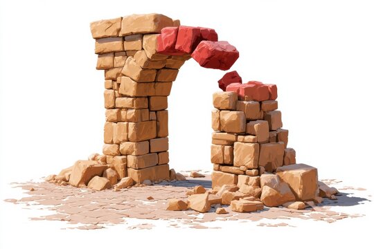 An arch bridge structure is shown with one central stone highlighted in red. Removing this stone leads to collapse of the arch.