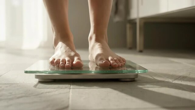 Female feet bathroom glass scale weight check on tile floor healthy morning light home interior wellness body care barefoot lifestyle motivation