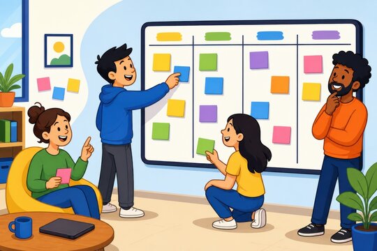 Colorful cartoon depiction showcasing dynamic team working together using kanban board manage their project enhance collaboration