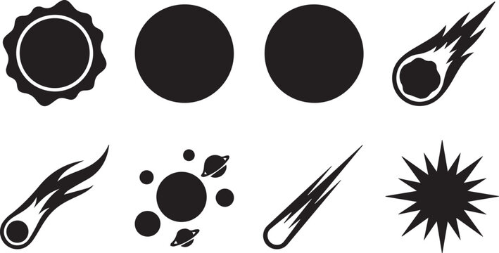Astronomy and celestial bodies silhouette icons set featuring planets sun meteors and stars on white background