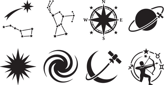 Astronomy and celestial navigation silhouette icons set featuring constellations galaxy and compass isolated on white background