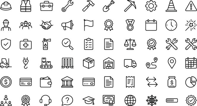 Set of construction and logistics line icons, vector illustration transparent background