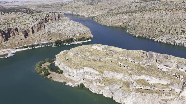 Cinematic Drone Flight Around Rumkale Historic Fortress on the Euphrates River in Gaziantep, Turkey