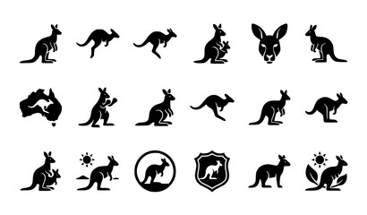 Kangaroo Silhouette Collection with Jumping Standing Australian Wildlife Vector Icon Set Illustration © Keyapayal