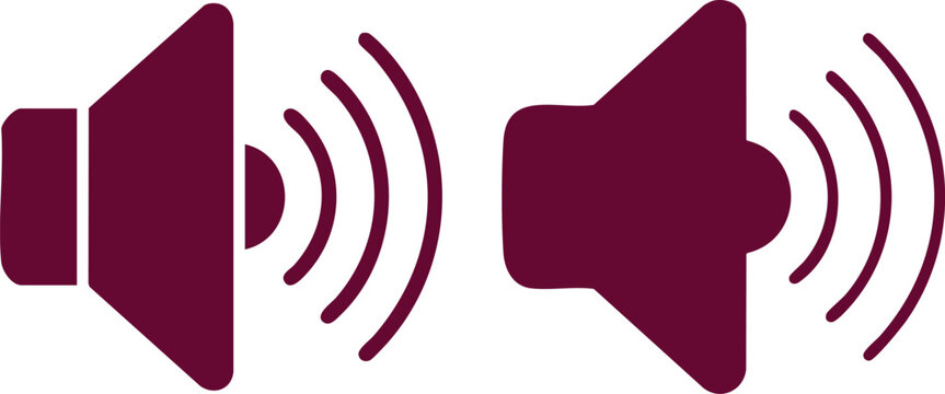 Two dark red speaker with sound waves on white background audio