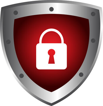 Metallic Security Shield with Padlock Silhouette and Red Cyber Ransomware Protection Vector Illustration