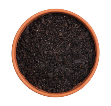 Flower pot with soil, top view isolated on white or transparent background