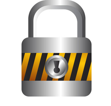 Metallic Security Padlock with Yellow Danger Warning Stripes and Keyhole Protection Vector Illustration