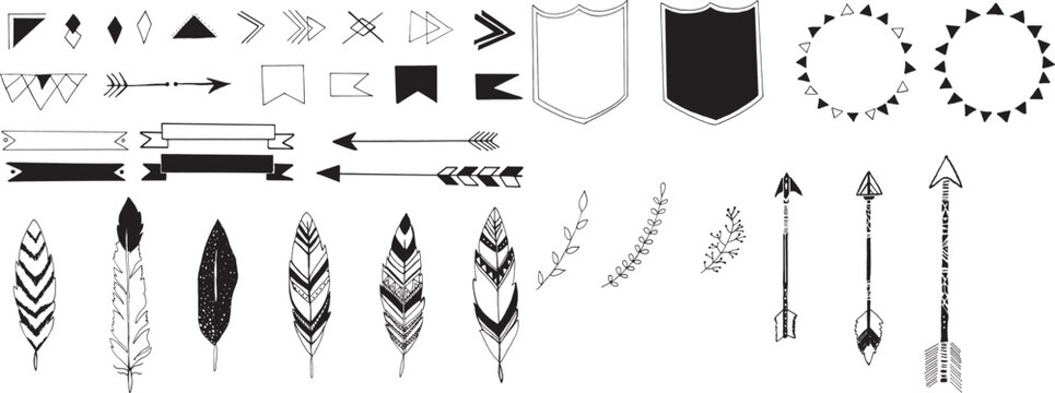 Bohemian style arrows feathers ribbons banners shields and tribal geometric elements.