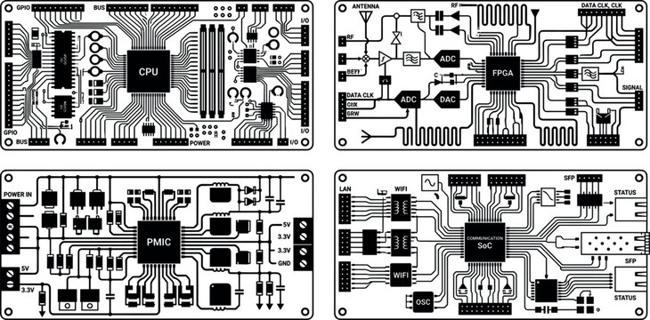 Black and White Electronic Circuit Board Vector Set with CPU, FPGA, PMU, and Microcontroller Hardware Blueprint Schematics for Technology Engineering Concepts