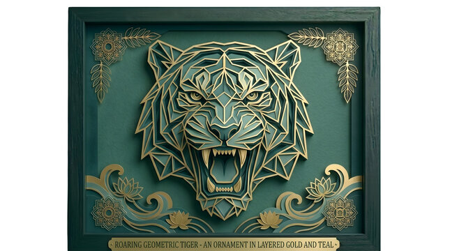 Luxury Golden Geometric Tiger Head Wall Art on Teal Background, Ornamental Decorative Relief Design