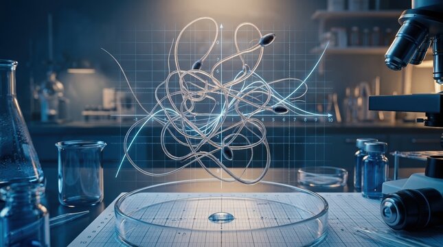 Close-up microscopy-inspired 3D render of oversized Drosophila spermatozoa looping through translucent graph lines and equation curves, with a petri dish, fine grid paper, and blue-tinted lab