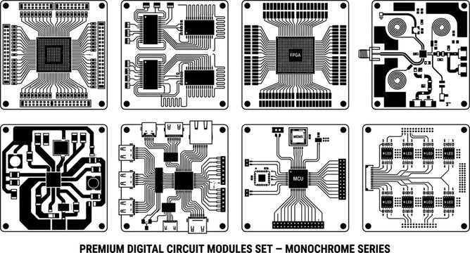 Square Electronic Circuit Board Icon Set with Black and White Hardware Microchip Schematics, PCB Track Patterns, and Computer Engineering Technology Layout Vectors