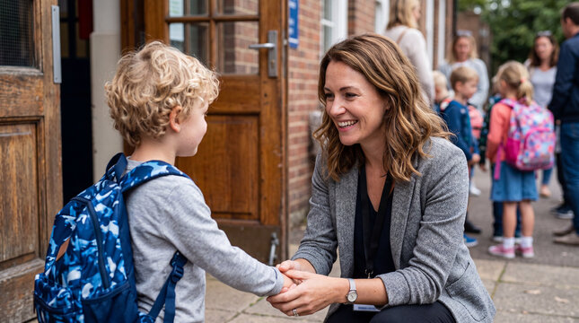 Teacher greets student at school entrance during morning arrival time