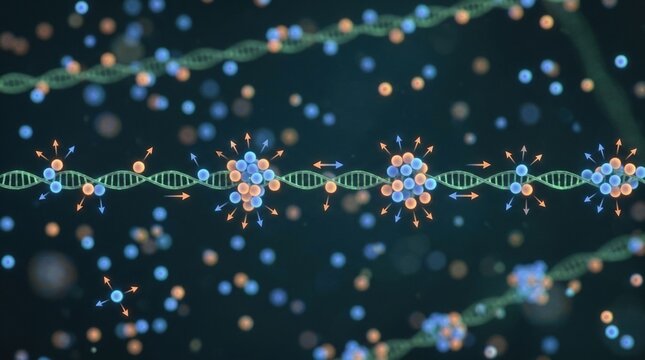 Protein beads glide along a DNA-like filament in one dimension, with spacing gaps, collision barriers, and diffusion arrows showing reversible binding, excluded volume, and density-dependent kinetics.