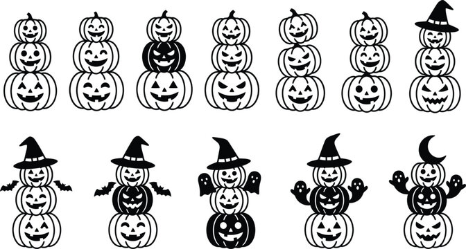 Cute Halloween Pumpkin Witch Seamless Pattern Black and White Vector Illustration