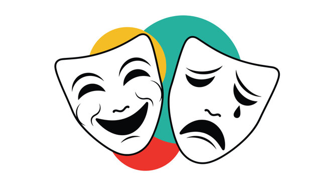 Classic comedy and tragedy theater masks representing drama and performance arts with colorful circular background elements.