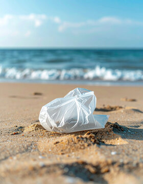 Plastic garbage bag in beach sand, calm shoreline in background, environmental cleanup scene, ecology awareness. Close-up.