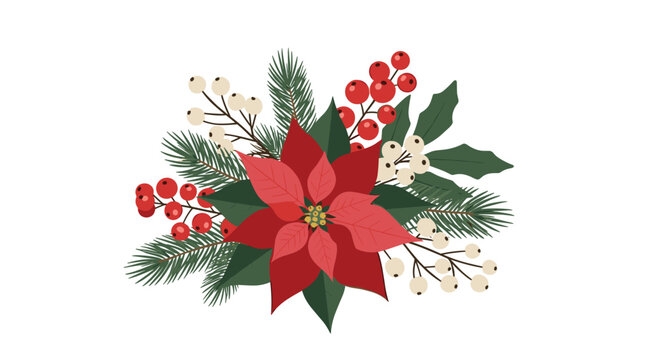 Festive Christmas bouquet featuring a vibrant red poinsettia flower, green holly leaves, pine branches, and red and white berries.