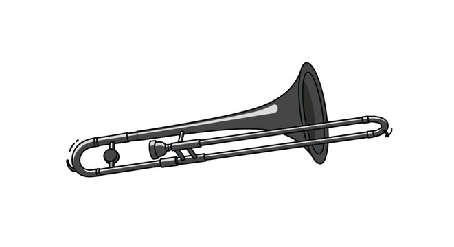 Detailed grey and black musical instrument trombone illustration with highlights isolated on a white background.