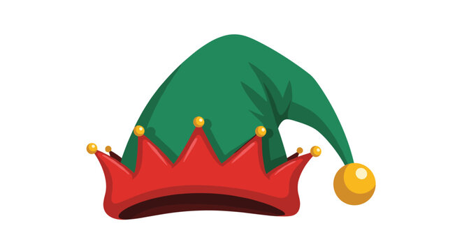 Festive green and red Christmas elf hat with golden jingle bells and a white pompom isolated on white background.
