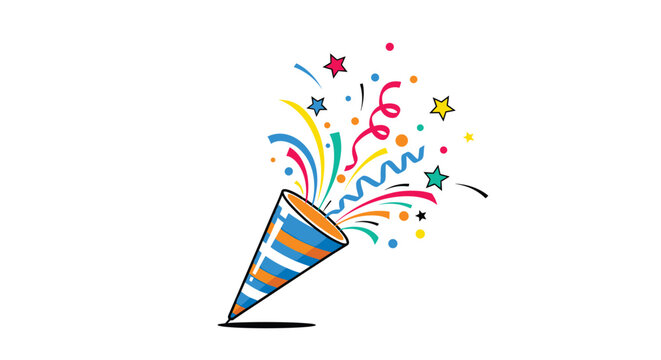 Colorful party popper with blue stripes exploding with confetti and stars on a clean white background for celebration events.