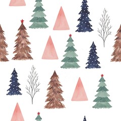 Obraz premium Seamless pattern with watercolor christmas trees and bare winter trees on a white background for festive holiday textiles