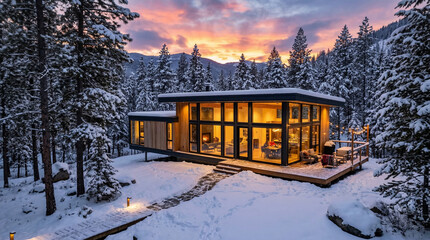 Obraz premium Modern Cabin in Snowy Forest: A sleek, modern cabin with large glass windows is nestled amidst snow-covered trees, bathed in the warm light of a vibrant sunset sky, creating a serene winter escape.