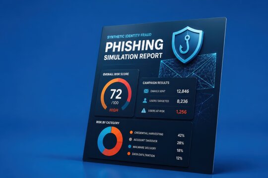 Blue phishing simulation report with cybersecurity dashboard and risk score 3d render