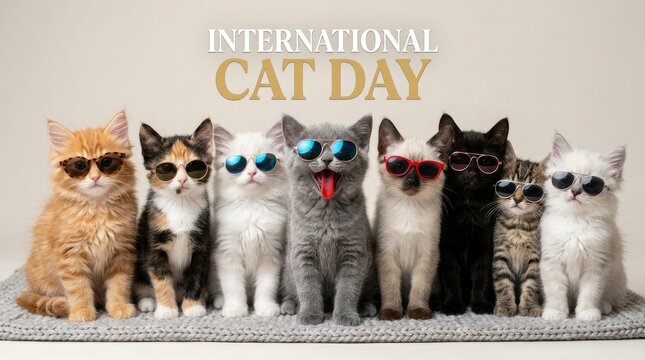 Group of diverse cute kittens wearing sunglasses for International Cat Day