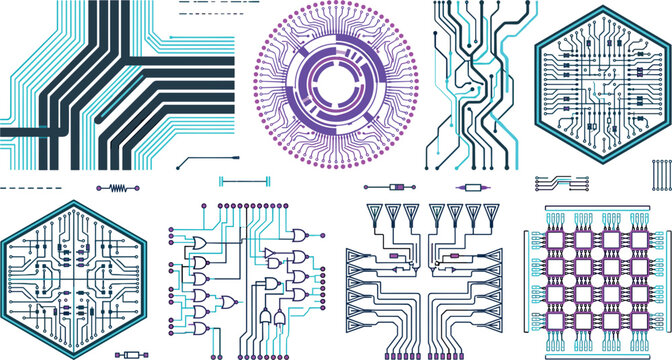 Futuristic Colorful Electronic Circuit Board Graphic Elements with Purple Circular Interfaces, Hexagonal Schematics, Logic Gates, and Computer Hardware Engineering Blueprint Layouts