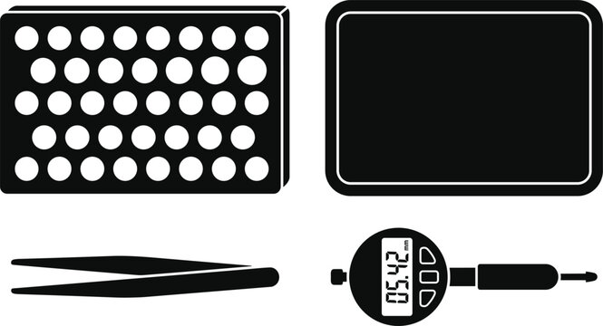 Professional Gemology and Diamond Grading Silhouette Set Vector Illustration with Sorting Tray Velvet Mat Tweezers and Digital Caliper Gauge