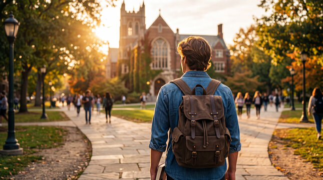 Student walks on campus with backpack during sunset with buildings and trees in the background