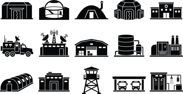 Emergency Bunker Infrastructure Icons. Civil Defense, Fallout Shelter, Survival Facility, Vector Illustration