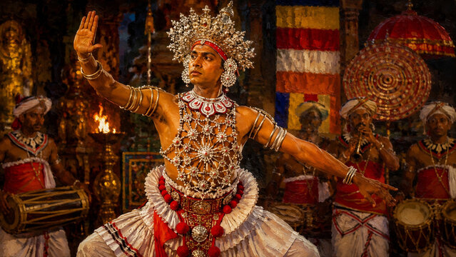 Traditional Sri Lankan Kandyan Dancer with Authentic Costume Oil Painting Style