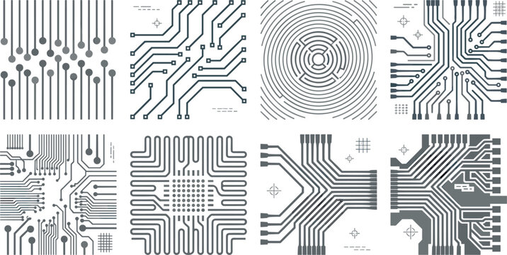 Grey and White Electronic Circuit Board Pattern Set with Geometric PCB Traces, Circular Radar Microchip Tracks, and Tech Hardware Infrastructure Pattern Vectors