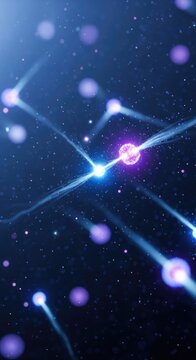 Glowing particle, emitting energy ray, propagating electromagnetic wave, dark cosmic background, scientific technology concept, deep light current, digital transmission, blue purple light.