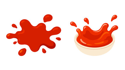 Red sauce splashes and bowl of ketchup in cartoon vector style © icon_art