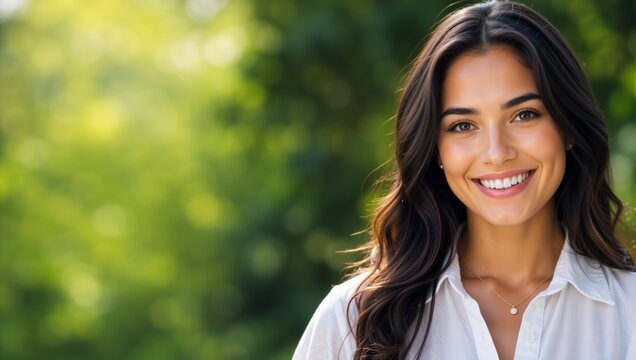 Portrait of a smiling young woman with long dark hair. Happy female in white shirt outdoors. Lifestyle and wellness concept