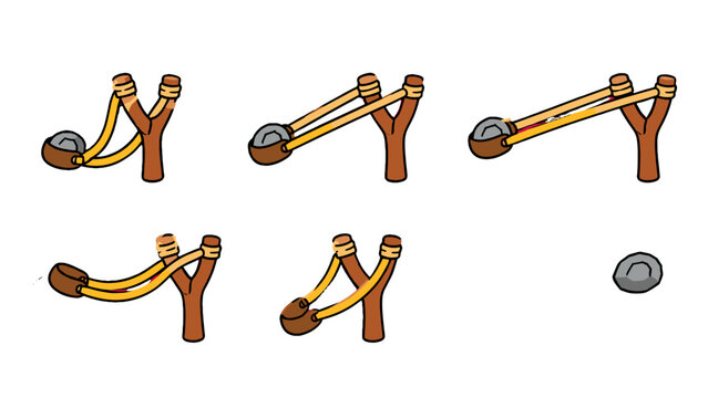 Cartoon slingshot toy icon set with stone in motion