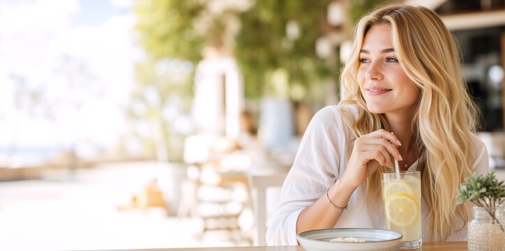 Young blonde woman drinking lemonade at an outdoor cafe. Happy female relaxing at a restaurant terrace. Summer refreshment concept