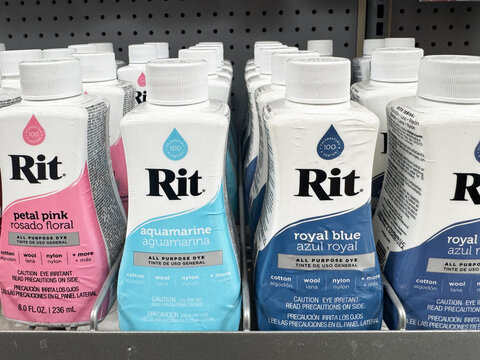Mesa, Arizona - June 27, 2026: Display of colorful Rit brand fabric dye in craft section at a Walmart store