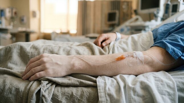 Patient Receiving Intravenous Treatment In Hospital Bed