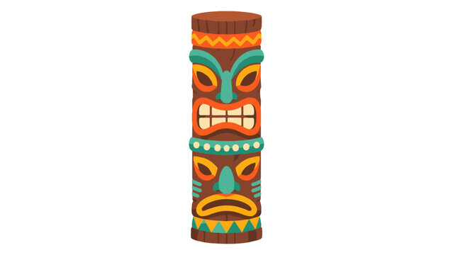 Cartoon wooden totem pole with colorful carved mask faces