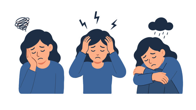 Sad stressed woman with depressive feelings vector set