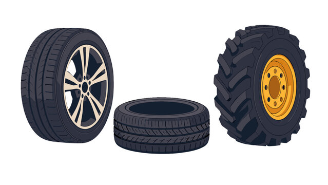 Set of vehicle tires and wheel in vector illustration style