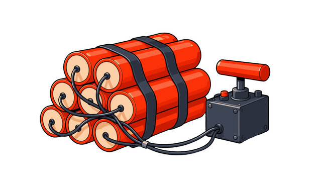 Cartoon dynamite bundle with wired detonator box icon